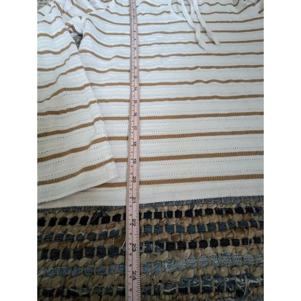 Striped Jacquard Tie Keyhole Ruched Sleeve Top Whisper White Golden Brown Quiet